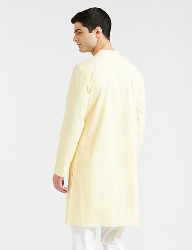 Amazon Brand - Symbol Men's Cotton Embroidered Long Regular Fit Kurta (SY-S24-MNA-FKT-502_Pastel Yellow_M)