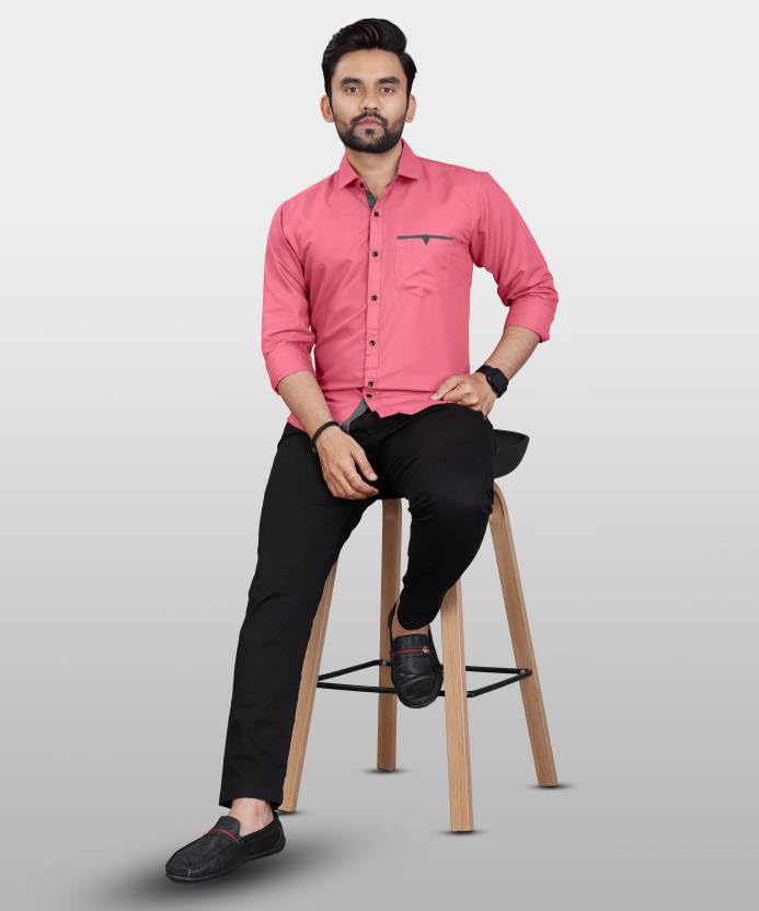 CB-COLEBROOK Men Regular Fit Solid Spread Collar Cotton Casual Shirt (Small, Dark Pink)