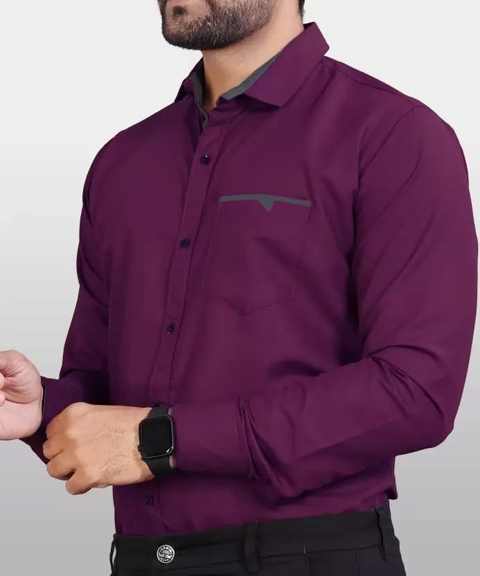 CB-COLEBROOK Men Regular Fit Solid Spread Collar Casual Shirt (Large, Wine)