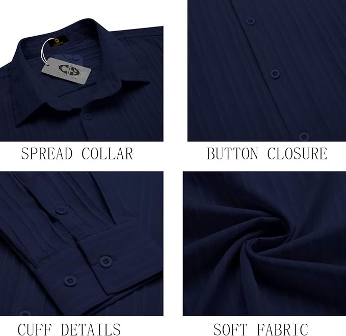 CB-COLEBROOK Men's Casual Button Down Shirts Long Sleeve Linen Shirt Fashion Textured Beach Summer Shirt (in, Alpha, M, Regular, Navy Blue)