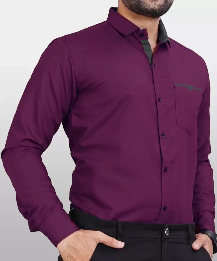 CB-COLEBROOK Men Regular Fit Solid Spread Collar Casual Shirt (Large, Wine)