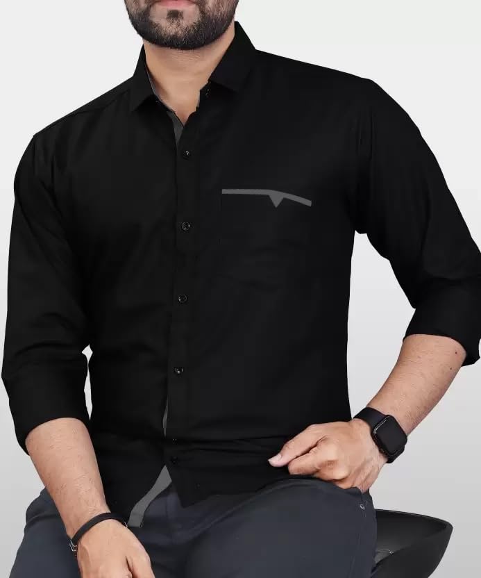 CB-COLEBROOK Men Regular Fit Solid Spread Collar Casual Shirt (Large, Black)