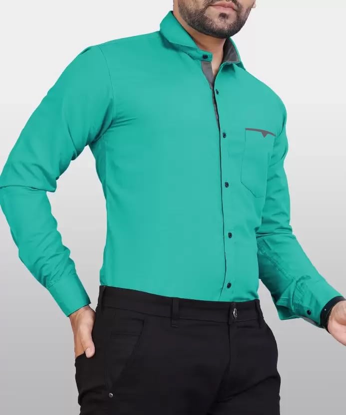 CB-COLEBROOK Men Regular Fit Solid Spread Collar Casual Shirt (Large, Pine Green)