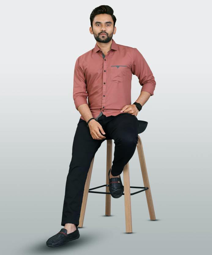 CB-COLEBROOK Men's Regular Fit Solid Spread Collar Cotton Casual Shirt (Large, Dusty Pink)