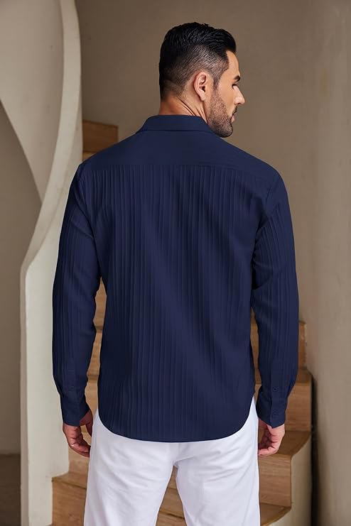 CB-COLEBROOK Men's Casual Button Down Shirts Long Sleeve Linen Shirt Fashion Textured Beach Summer Shirt (in, Alpha, M, Regular, Navy Blue)