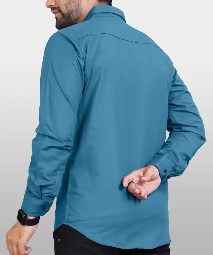 CB-COLEBROOK Men Regular Fit Solid Spread Collar Casual Shirt (Large, Teal)