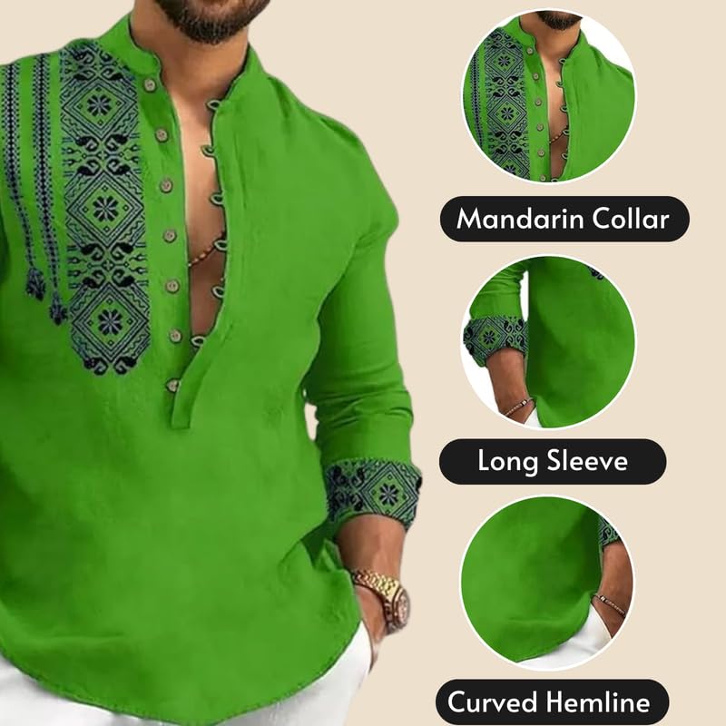 DEELMO Men's Cotton Blend Mandarin Collar Self One Design Full Sleeve Casual Short Kurta Green
