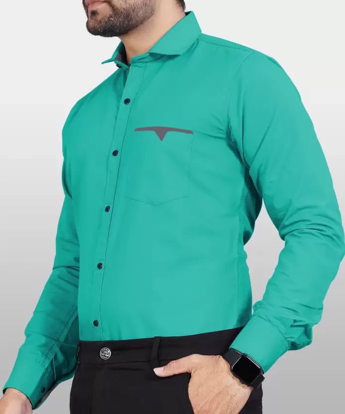 CB-COLEBROOK Men Regular Fit Solid Spread Collar Casual Shirt (Large, Pine Green)