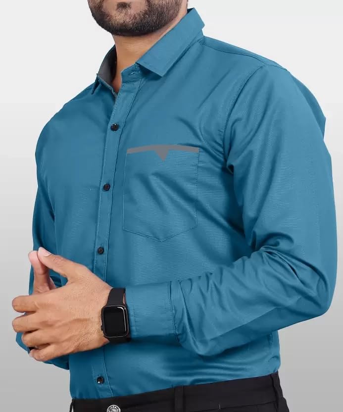 CB-COLEBROOK Men Regular Fit Solid Spread Collar Casual Shirt (Large, Teal)