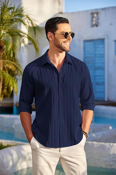 CB-COLEBROOK Men's Casual Button Down Shirts Long Sleeve Linen Shirt Fashion Textured Beach Summer Shirt (in, Alpha, M, Regular, Navy Blue)