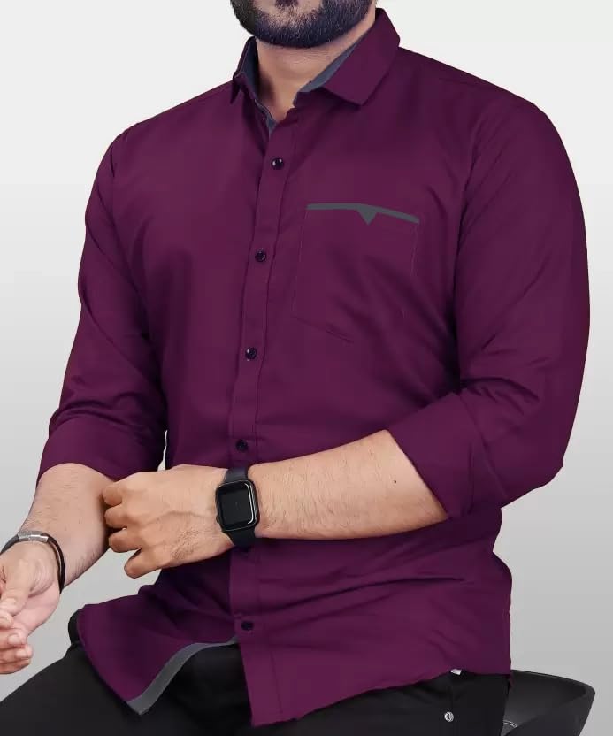 CB-COLEBROOK Men Regular Fit Solid Spread Collar Casual Shirt (Large, Wine)