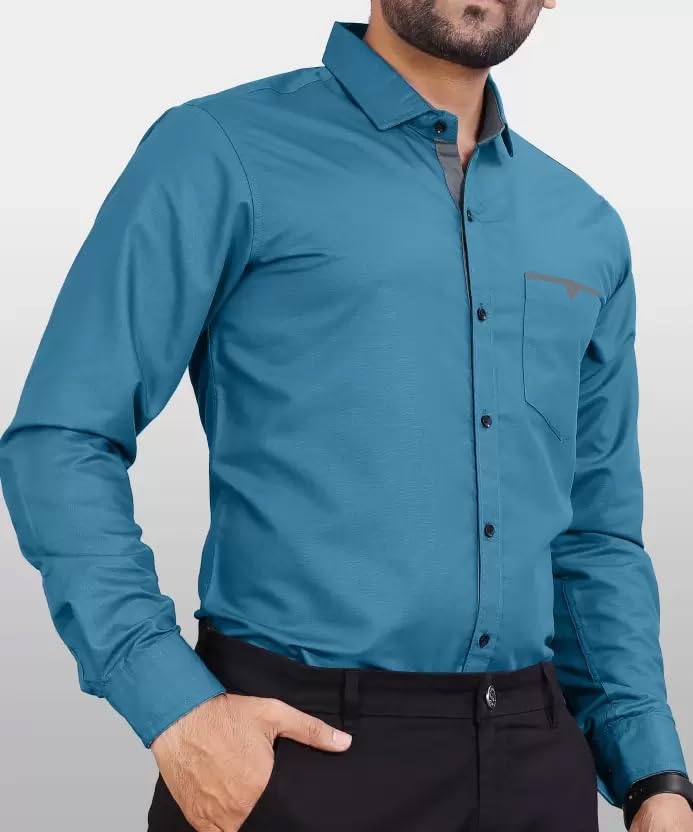 CB-COLEBROOK Men Regular Fit Solid Spread Collar Casual Shirt (Large, Teal)