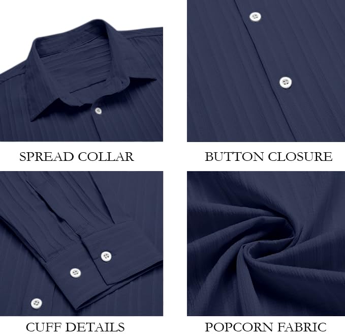 FINIVO FASHION Men's Casual Cotton Plain Button Down Shirt Long Sleeve Textured Summer Beach Shirt for Men Navy
