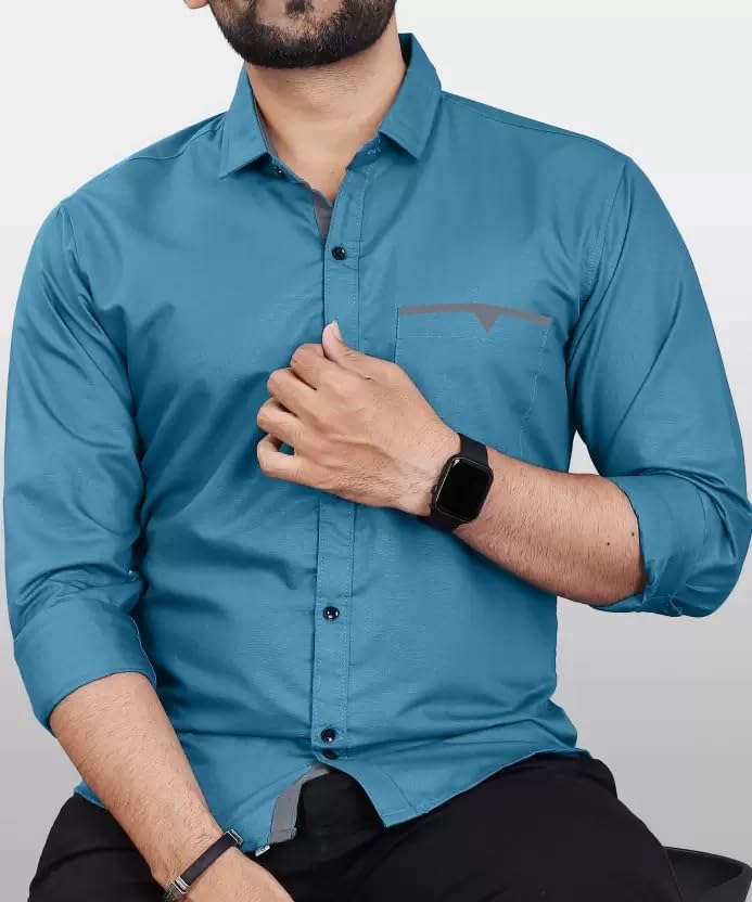 CB-COLEBROOK Men Regular Fit Solid Spread Collar Casual Shirt (Large, Teal)
