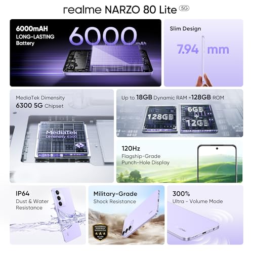realme NARZO 80 Lite 5G (Crystal Purple, 6GB+128GB) | 6000mAh Long-Lasting Battery | MediaTek Dimensity 6300 5G | AI Assist | IP64 Rated Water & Dust Resistance | Military-Grade Durability
