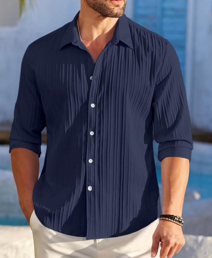 FINIVO FASHION Men's Casual Cotton Plain Button Down Shirt Long Sleeve Textured Summer Beach Shirt for Men Navy