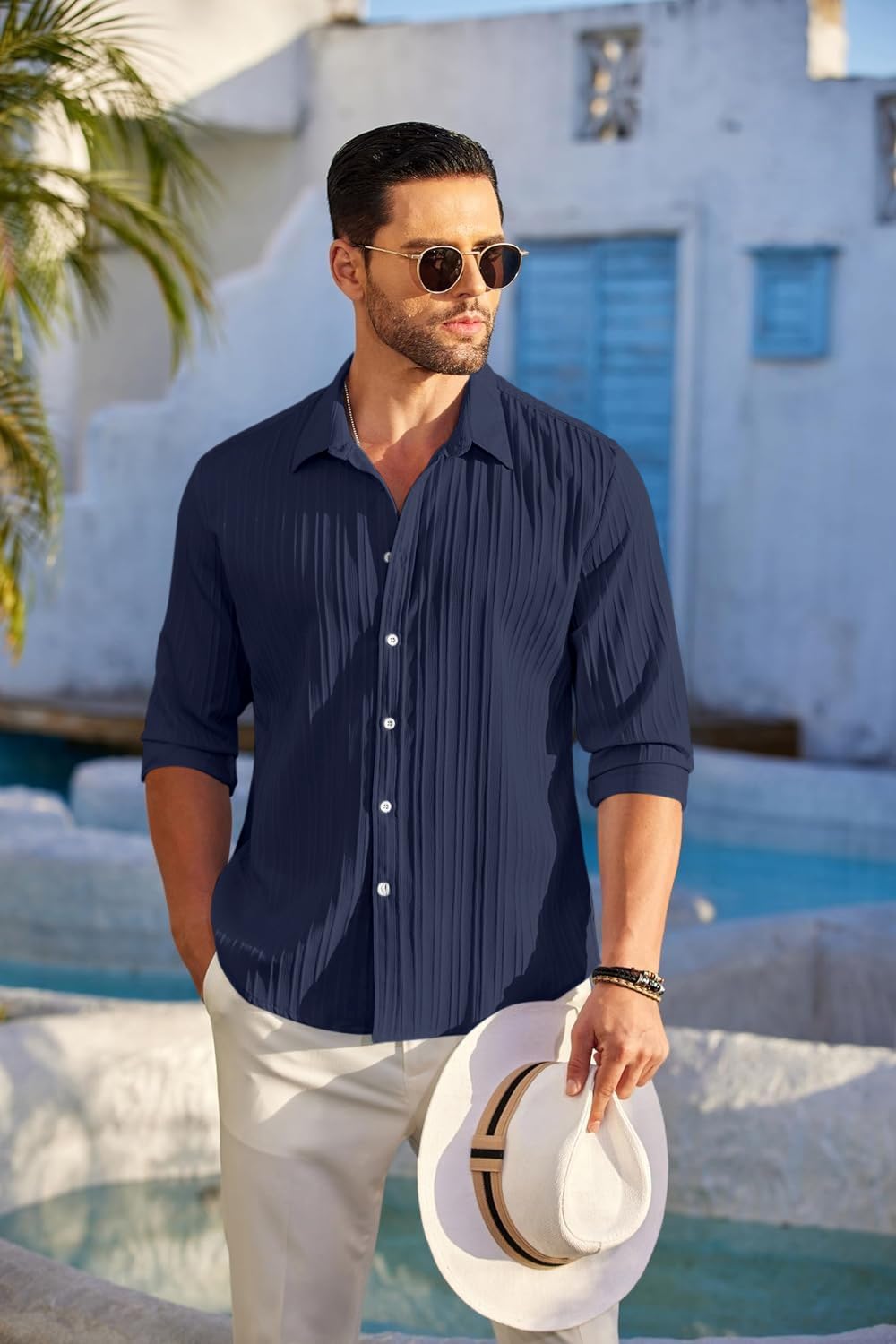 FINIVO FASHION Men's Casual Cotton Plain Button Down Shirt Long Sleeve Textured Summer Beach Shirt for Men Navy