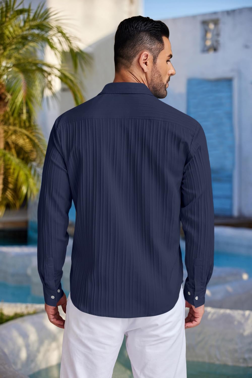 FINIVO FASHION Men's Casual Cotton Plain Button Down Shirt Long Sleeve Textured Summer Beach Shirt for Men Navy