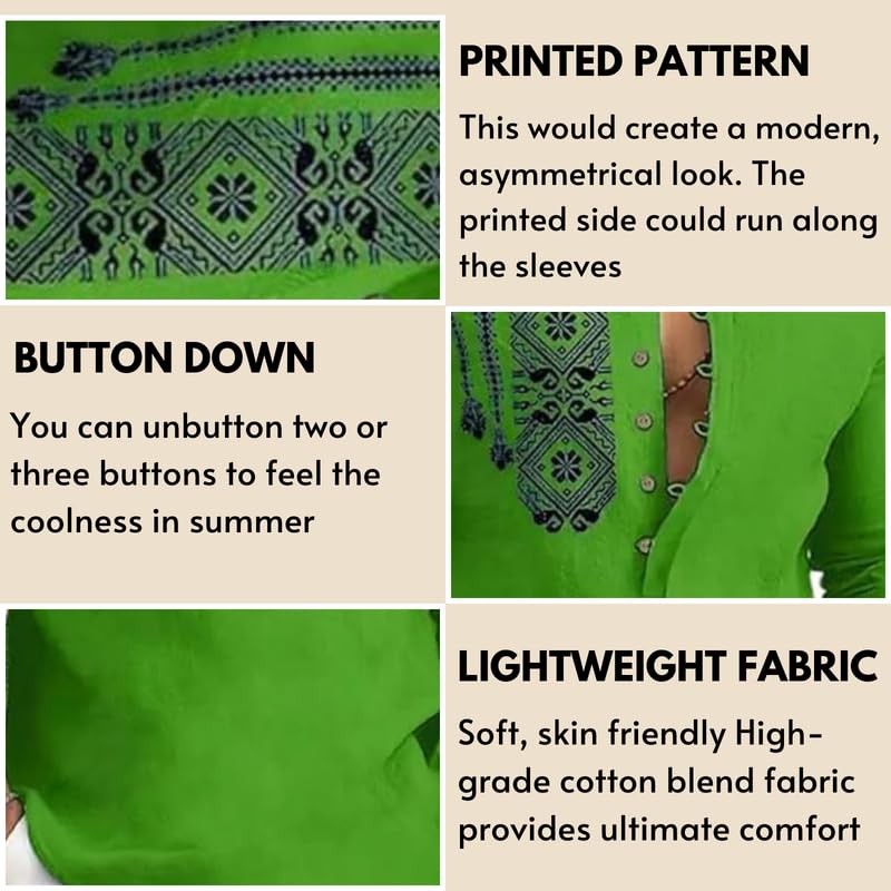 DEELMO Men's Cotton Blend Mandarin Collar Self One Design Full Sleeve Casual Short Kurta Green