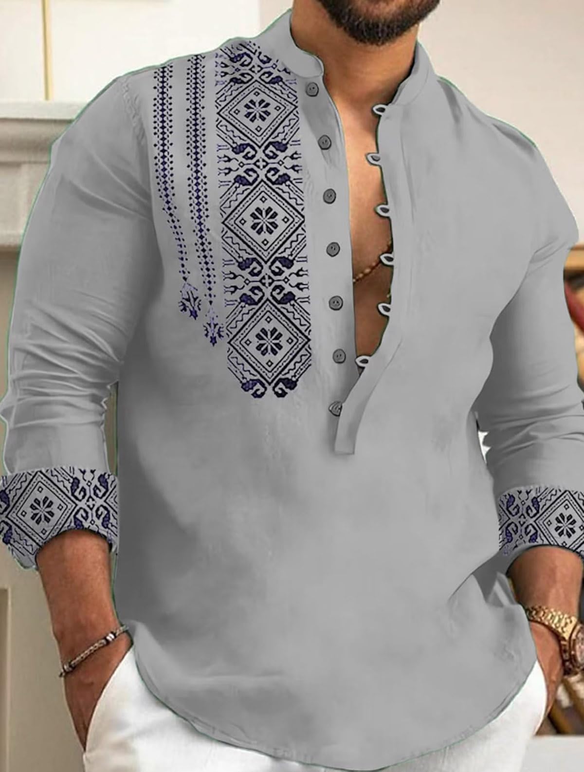 DEELMO Men's Cotton Blend Mandarin Collar Regular Fit Full Sleeve Casual Short Kurta, Grey, XL