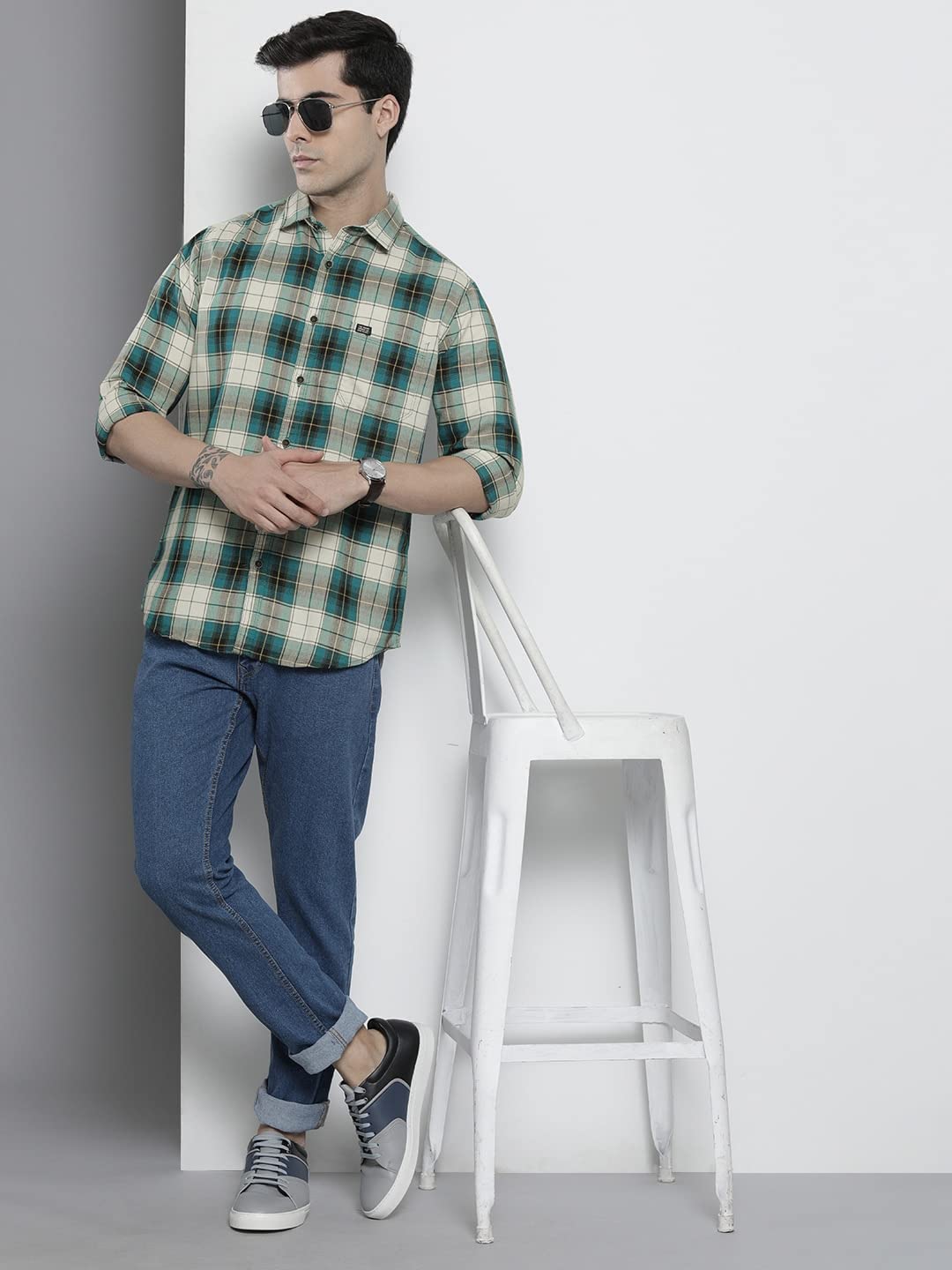 The Indian Garage Co Men's Cotton Regular Fit Checkered Full Sleeves Spread Collar Casual Shirt