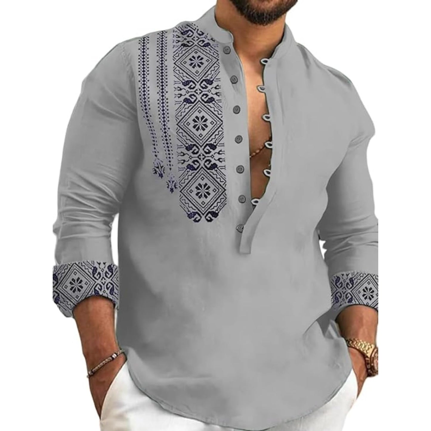 DEELMO Men's Cotton Blend Mandarin Collar Regular Fit Full Sleeve Casual Short Kurta, Grey, XL