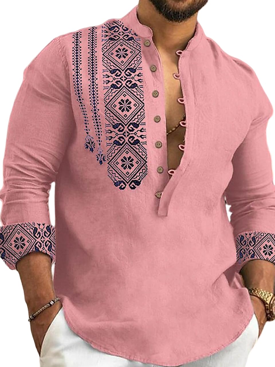 DEELMO Men's Cotton Blend Mandarin Collar Regular Fit Full Sleeve Casual Short Kurta, Pink, XL