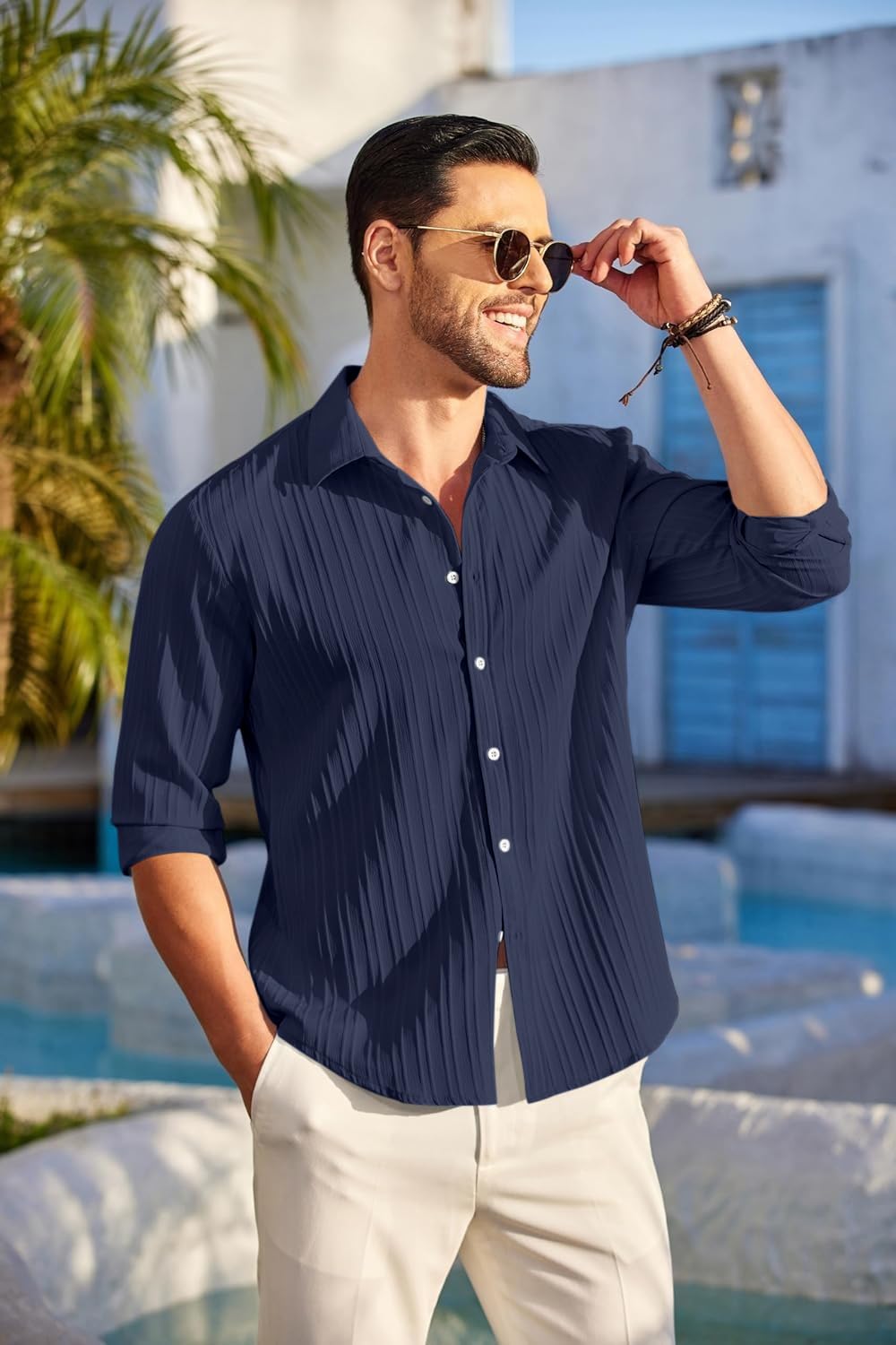 FINIVO FASHION Men's Casual Cotton Plain Button Down Shirt Long Sleeve Textured Summer Beach Shirt for Men Navy