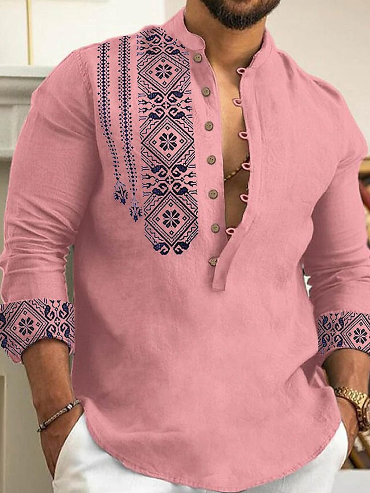 DEELMO Men's Cotton Blend Mandarin Collar Regular Fit Full Sleeve Casual Short Kurta, Pink, XL