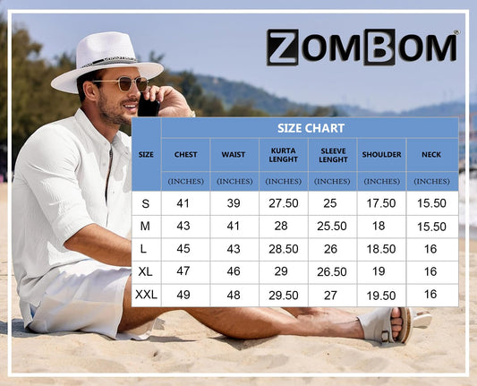 Zombom Cotton Blend Solid Casual Regular Fit Mandarin/Chinese Collor Short Kurta for Men Sky Blue