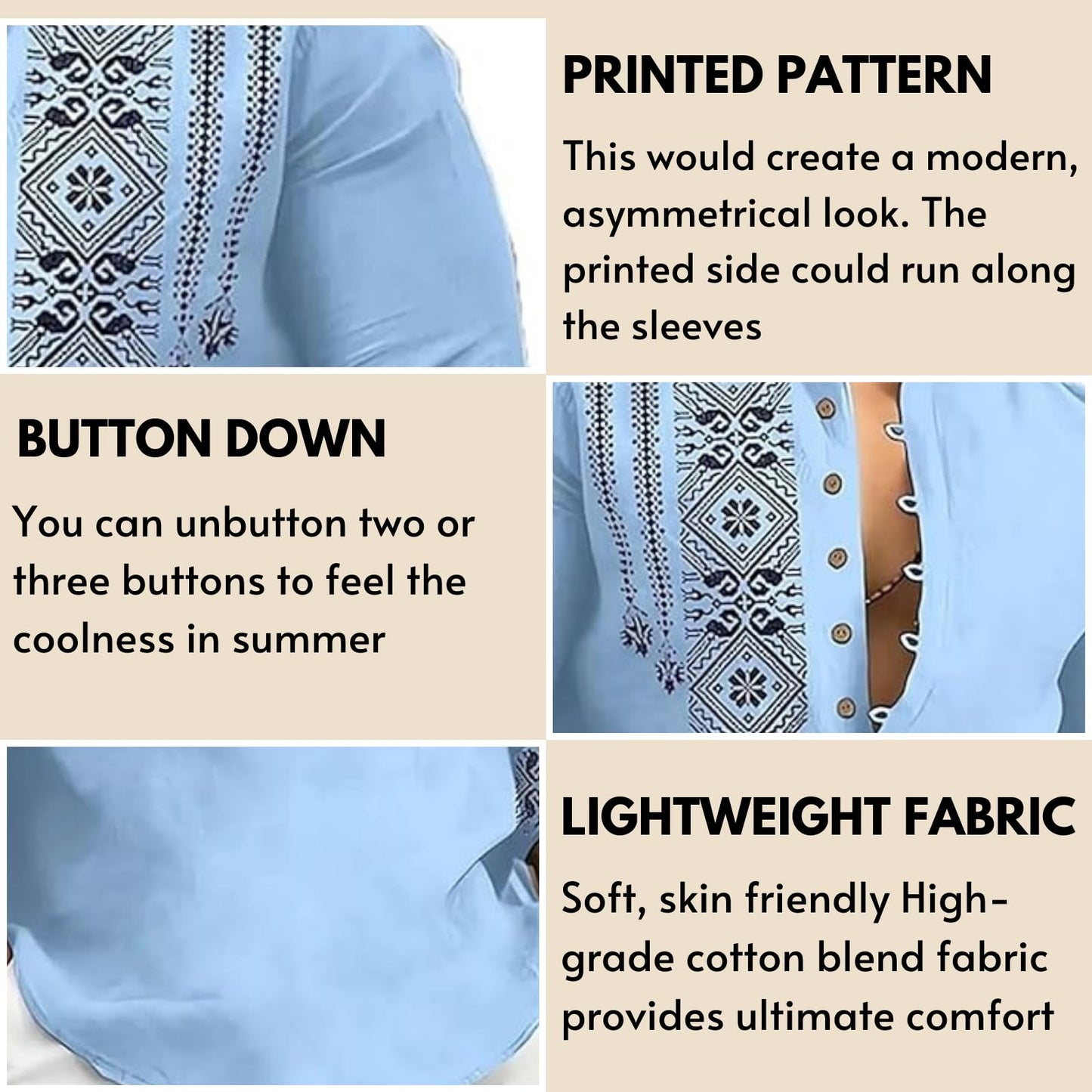 DEELMO Men's Cotton Blend Mandarin Collar Regular Fit Full Sleeve Casual Short Kurta Light Blue