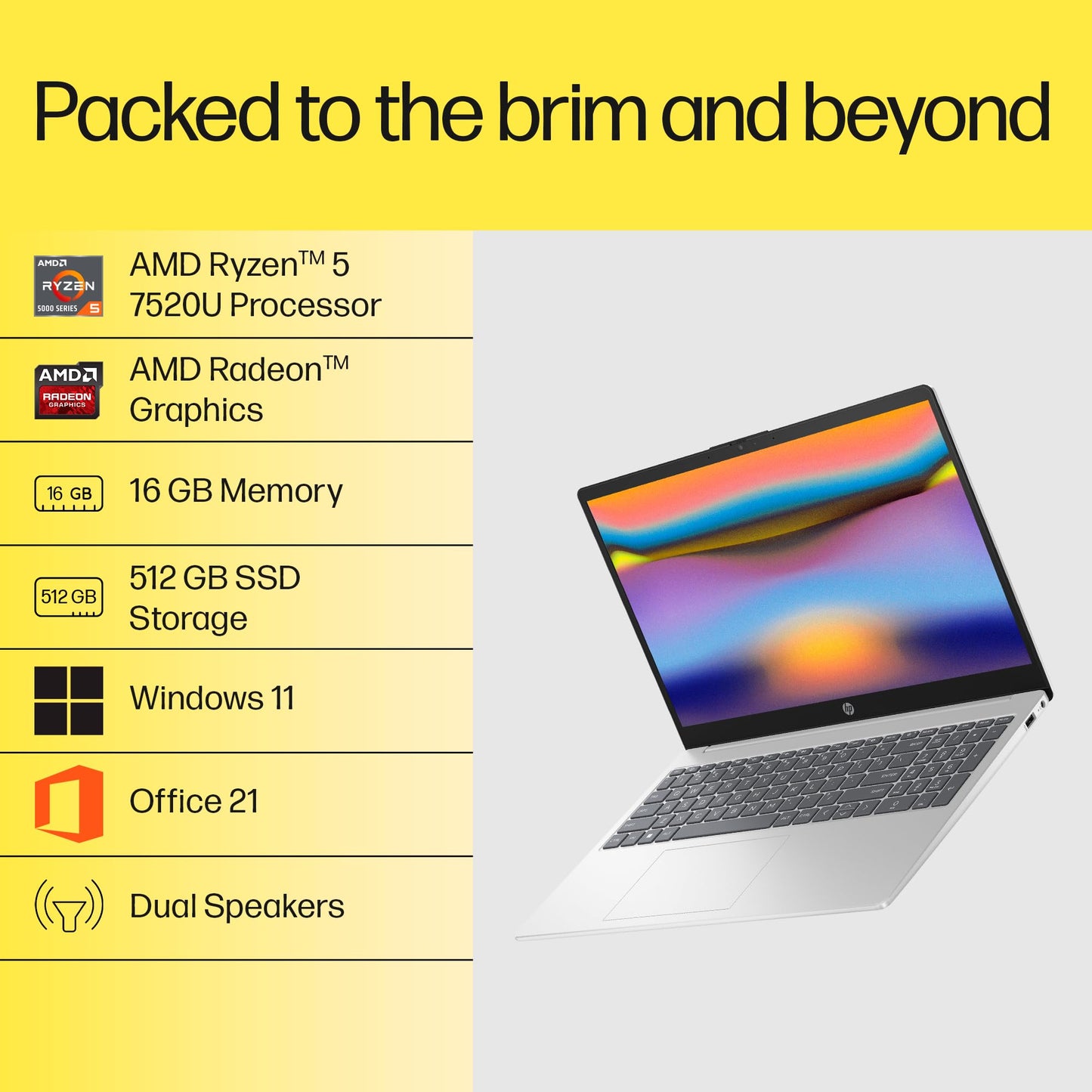 HP 15, AMD Ryzen 5 7520U, 16GB DDR5, 512GB SSD, (Win 11, Office 21, Silver, 1.59kg), Anti-Glare, Micro-Edge, 15.6-inch(39.6cm), FHD Laptop, AMD Radeon Graphics, 1080p FHD Camera, Backlit KB, fc0690au