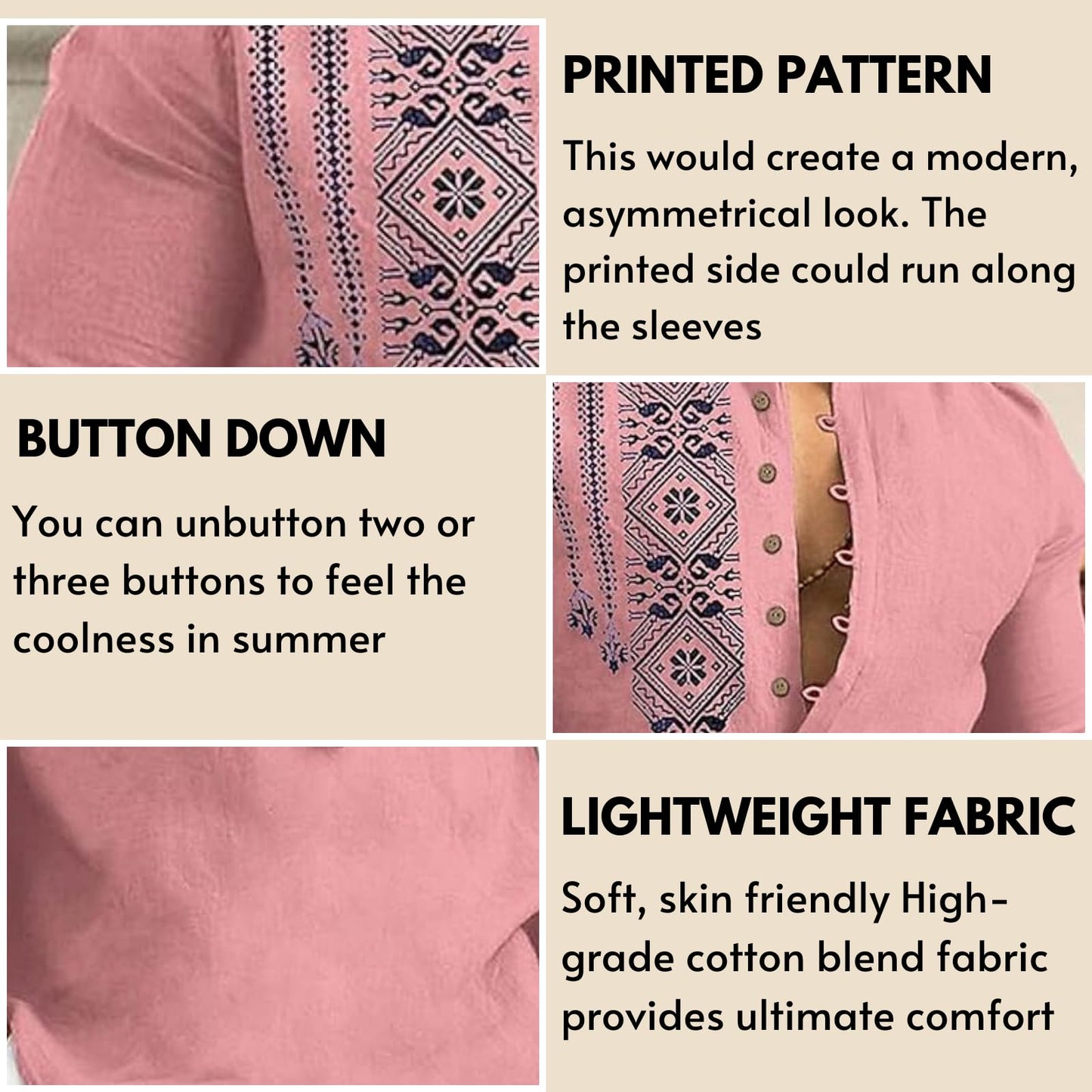 DEELMO Men's Cotton Blend Mandarin Collar Regular Fit Full Sleeve Casual Short Kurta, Pink, XL