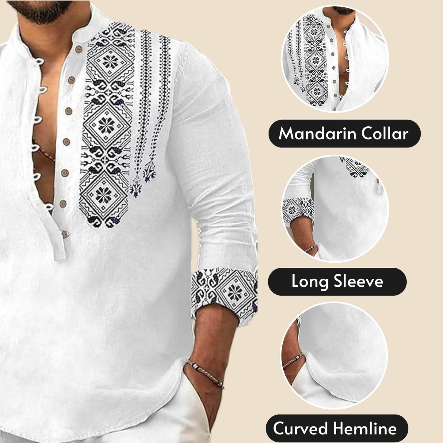 DEELMO Men's Cotton Blend Mandarin Collar Regular Fit Full Sleeve Casual Short Kurta, White, L