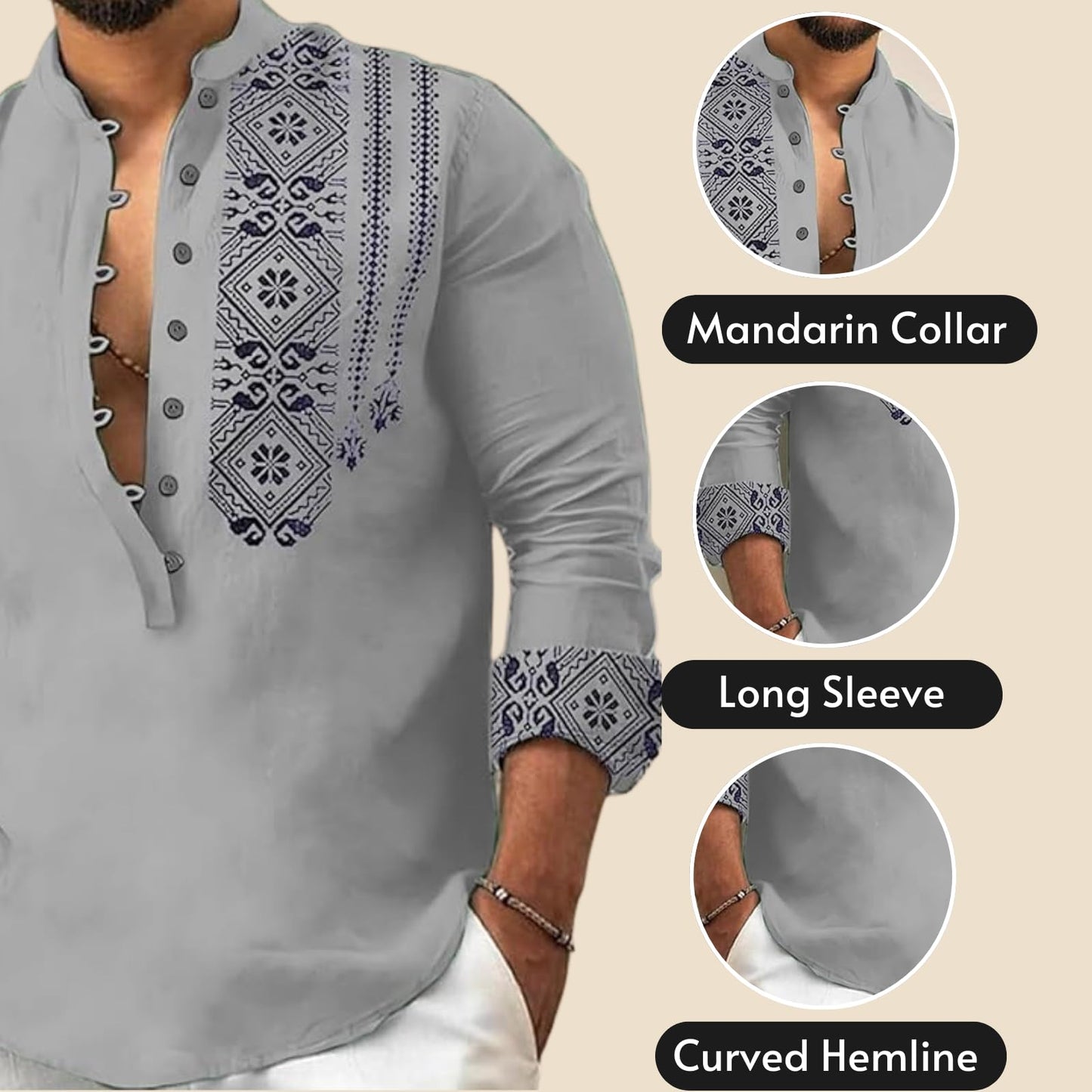 DEELMO Men's Cotton Blend Mandarin Collar Regular Fit Full Sleeve Casual Short Kurta, Grey, XL