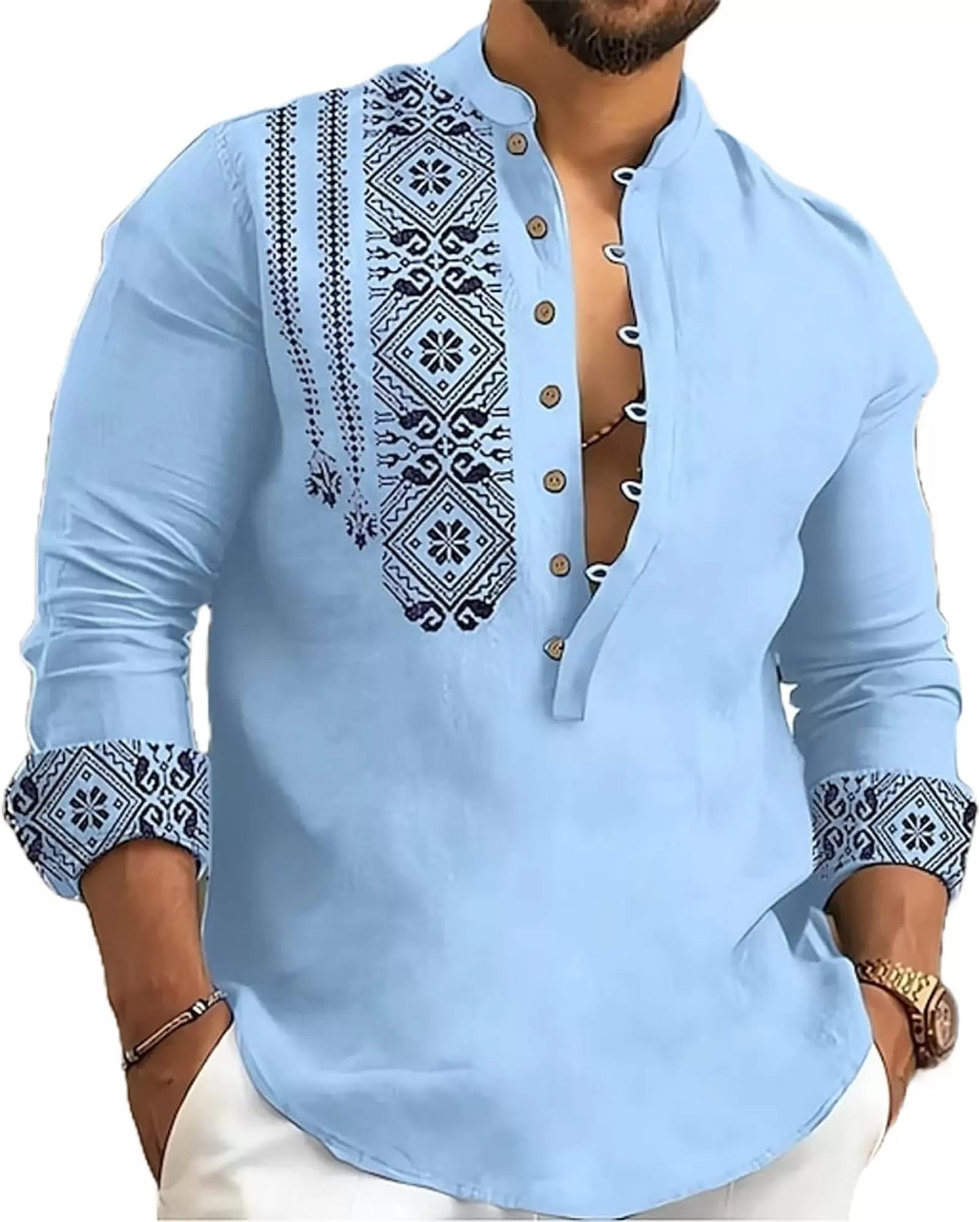 DEELMO Men's Cotton Blend Mandarin Collar Regular Fit Full Sleeve Casual Short Kurta Light Blue