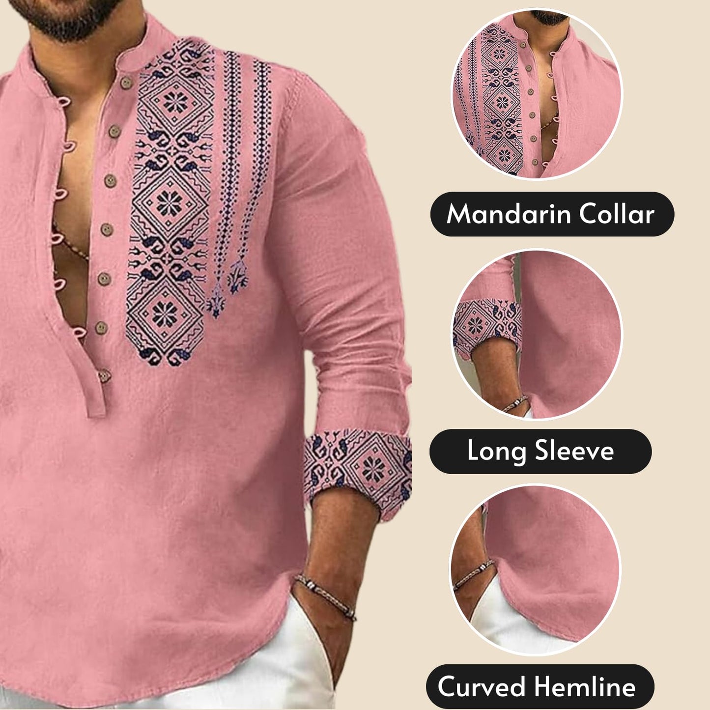 DEELMO Men's Cotton Blend Mandarin Collar Regular Fit Full Sleeve Casual Short Kurta, Pink, XL