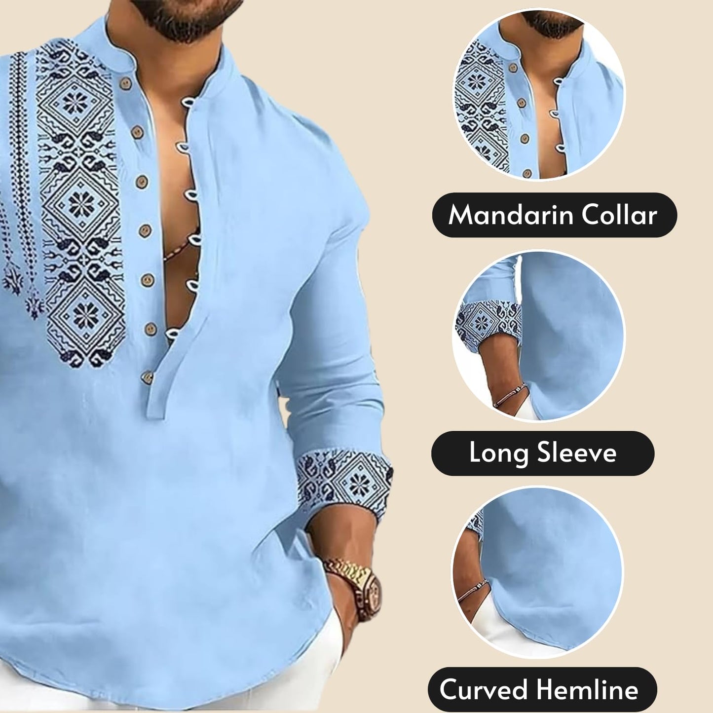 DEELMO Men's Cotton Blend Mandarin Collar Regular Fit Full Sleeve Casual Short Kurta Light Blue