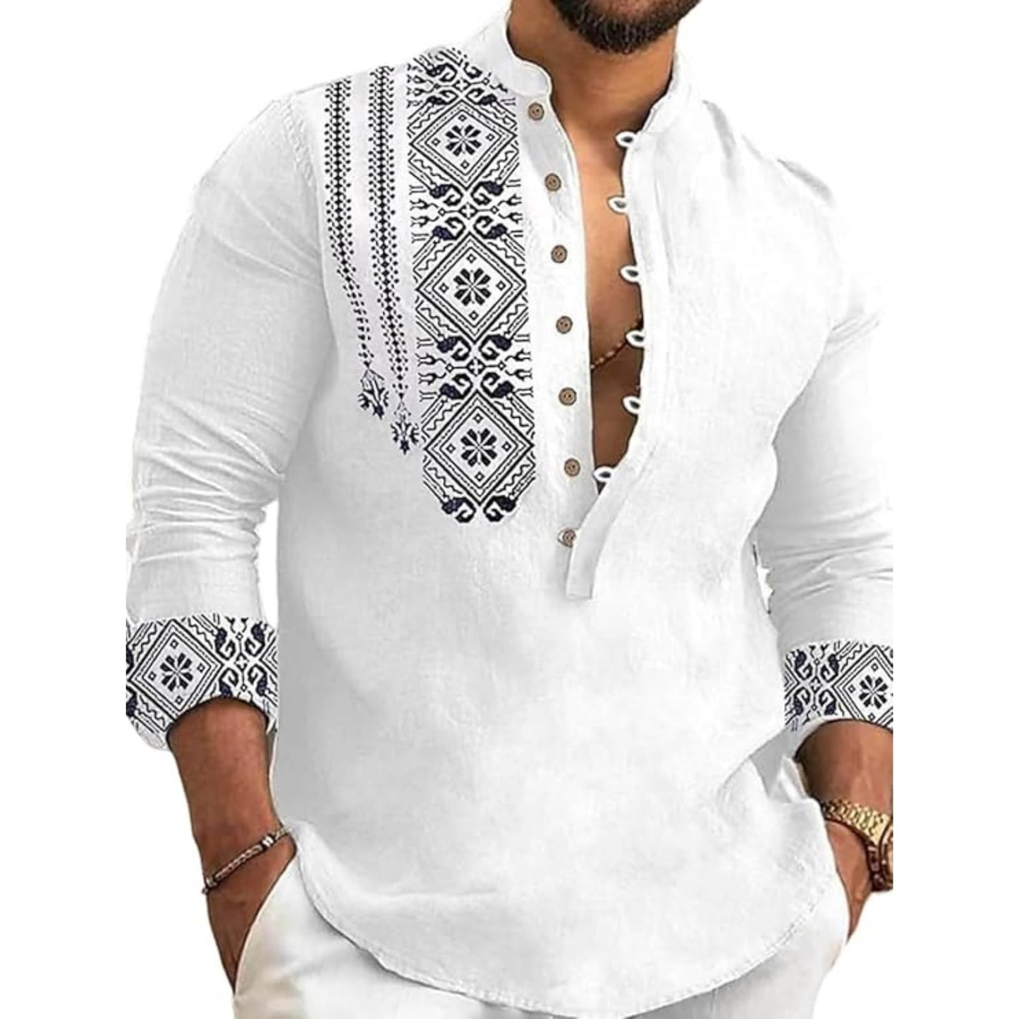 DEELMO Men's Cotton Blend Mandarin Collar Regular Fit Full Sleeve Casual Short Kurta, White, L