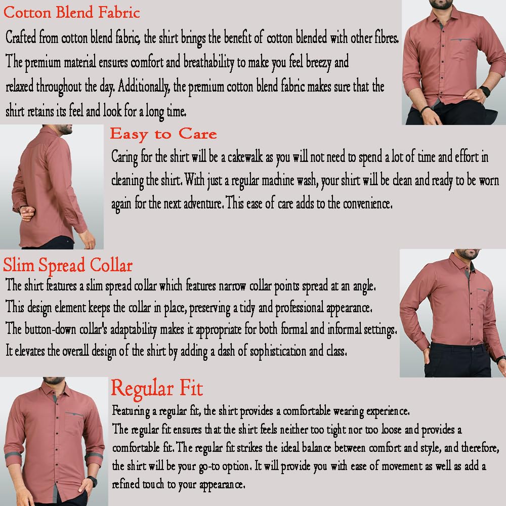 CB-COLEBROOK Men's Regular Fit Solid Spread Collar Cotton Casual Shirt (Large, Dusty Pink)