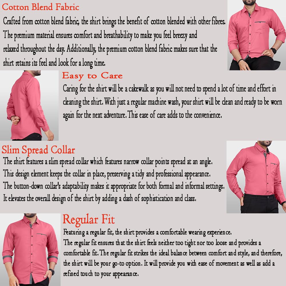 CB-COLEBROOK Men Regular Fit Solid Spread Collar Cotton Casual Shirt (Small, Dark Pink)