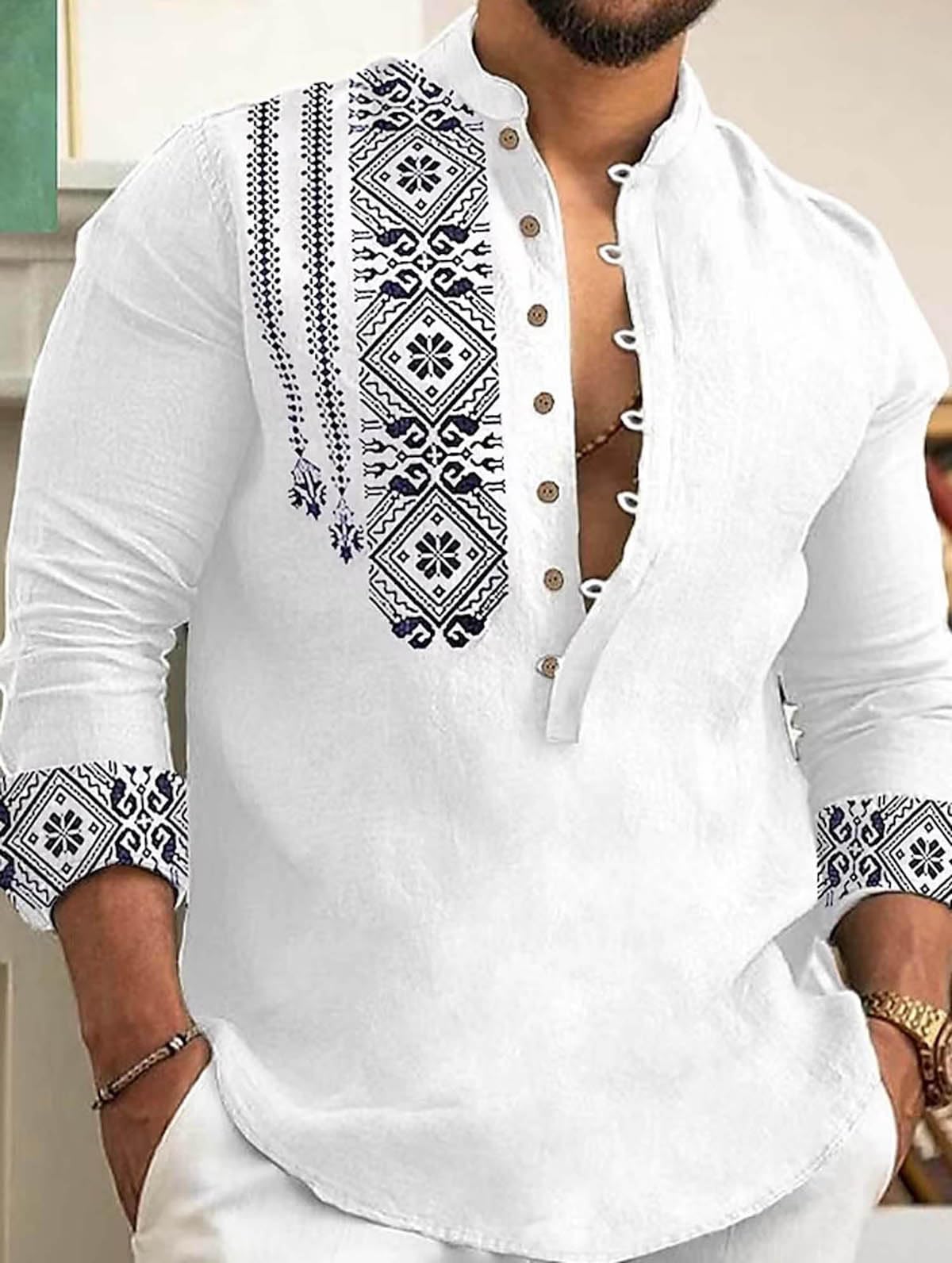 DEELMO Men's Cotton Blend Mandarin Collar Regular Fit Full Sleeve Casual Short Kurta, White, L