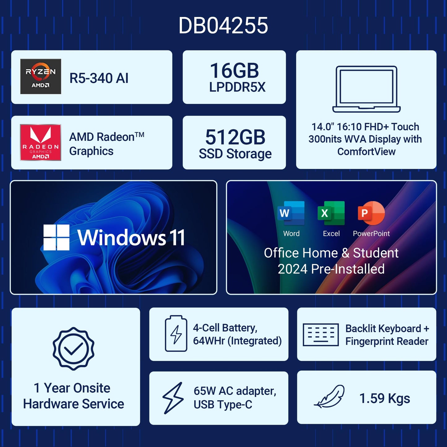 Dell DB04255, R5-340 AI Processor / 16 GB LPDDR5X/ 512 GB SSD/AMD Radeon™ Graphics / 14" (35.56 cm) FHD Plus, 300 Nits, Touch, Backlit + FPS Keyboard, 15 Month McAfee/Ice Blue / 1.59 Kg