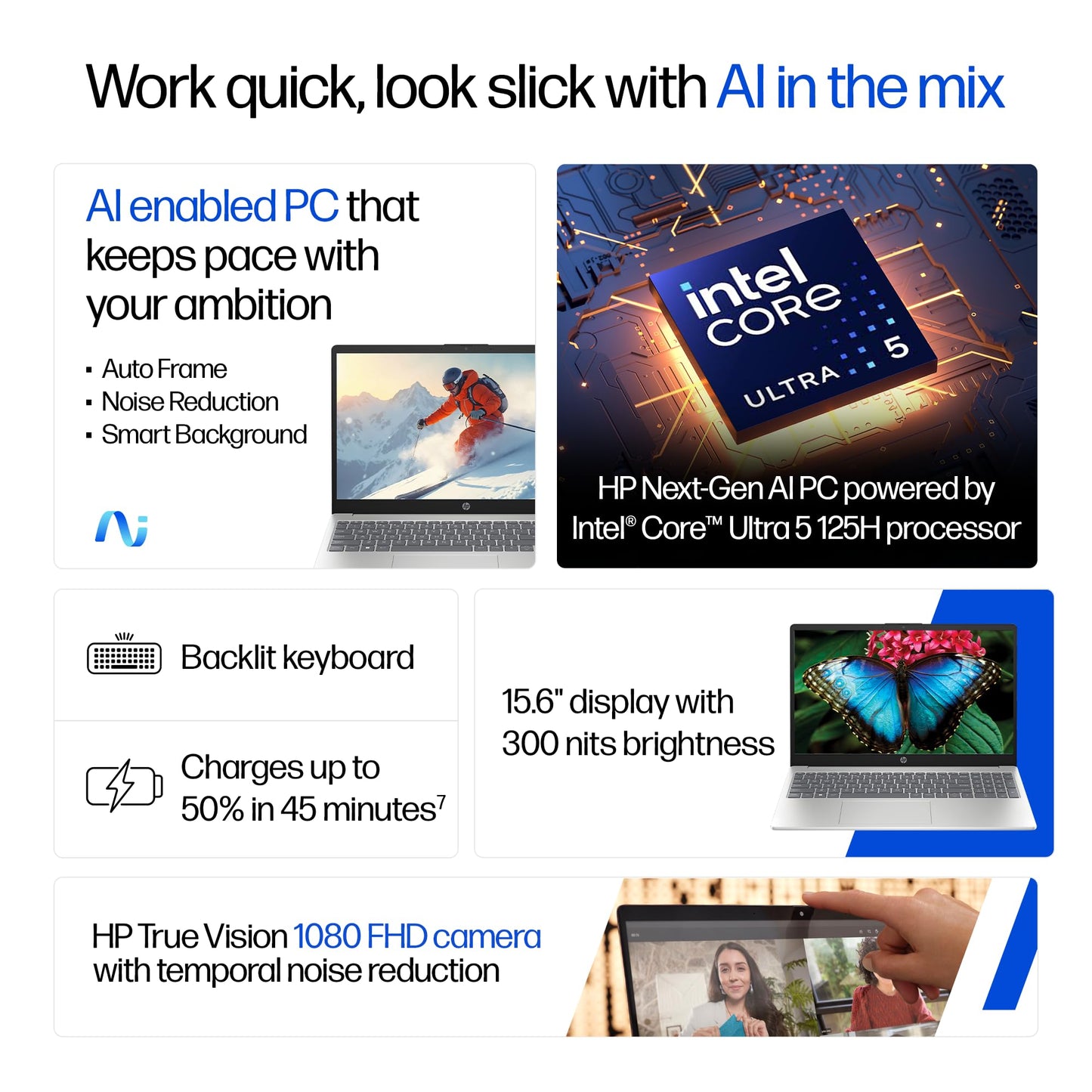 HP 15, Intel Ultra 5 125H, 12 Tops (16GB DDR5, 512GB SSD) FHD, IPS, 15.6''/39.6cm, Win11, M365 Basic(1yr)* Office24, Silver, 1.65kg, fd1254TU, Intel Graphics, FHD Camera w/Shutter, AI Powered Laptop