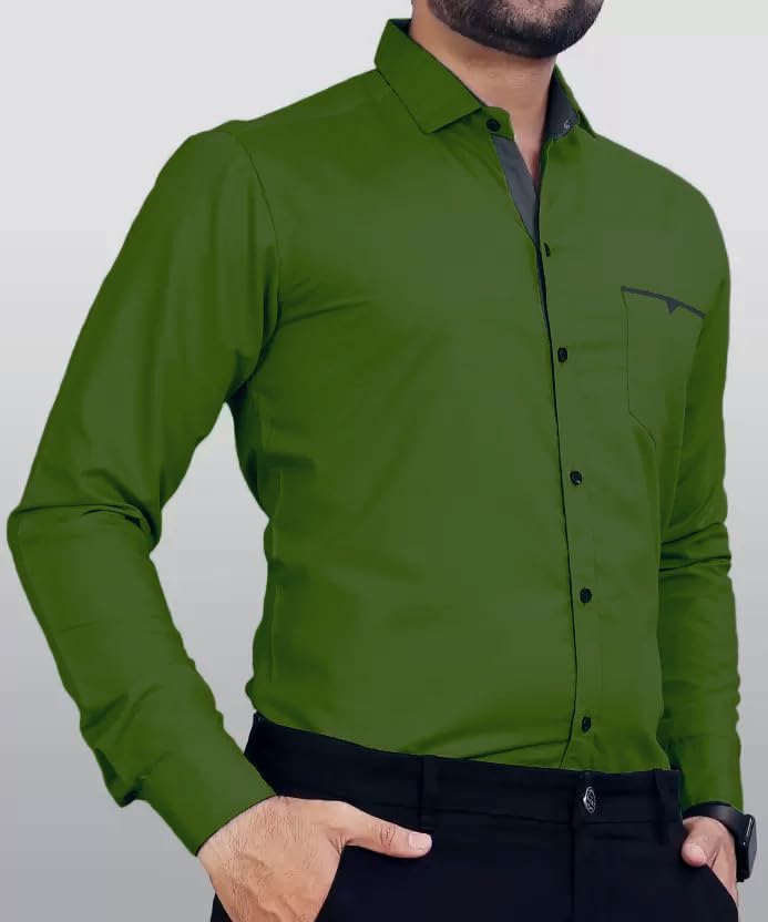 CB-COLEBROOK Men Regular Fit Solid Spread Collar Casual Shirt (Large, Forest Green)