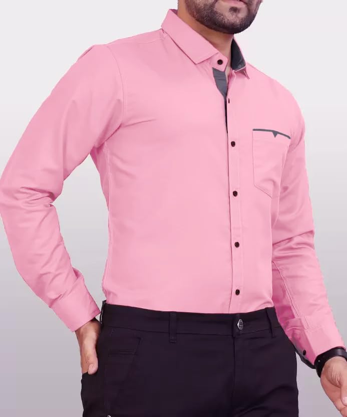 CB-COLEBROOK Men Regular Fit Solid Spread Collar Casual Shirt (Large, Pink Pearl)