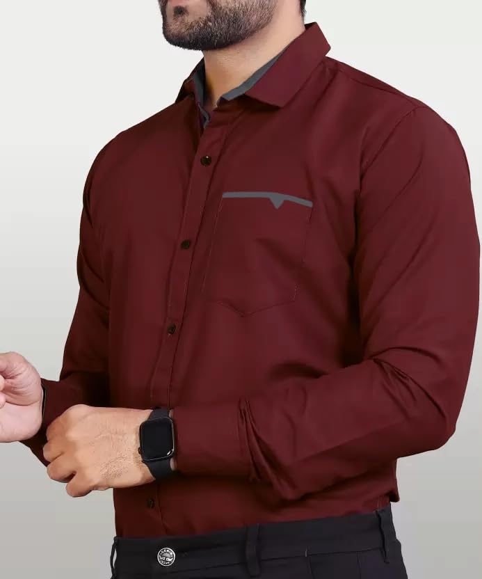 CB-COLEBROOK Men Regular Fit Solid Spread Collar Casual Shirt (Large, Berry Maroon)