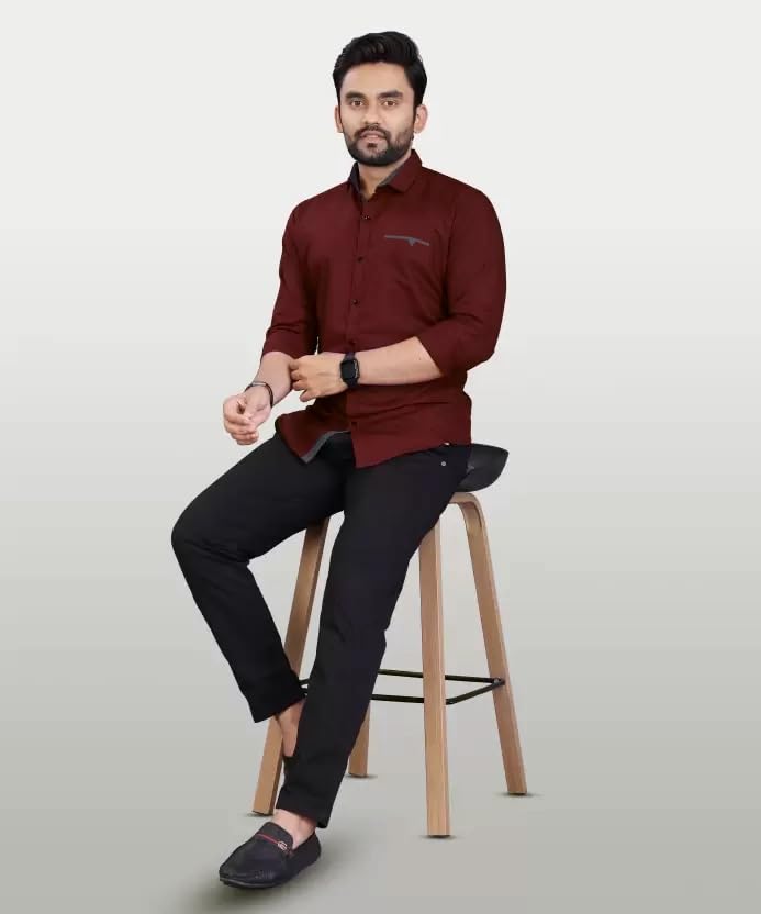 CB-COLEBROOK Men Regular Fit Solid Spread Collar Casual Shirt (Large, Berry Maroon)