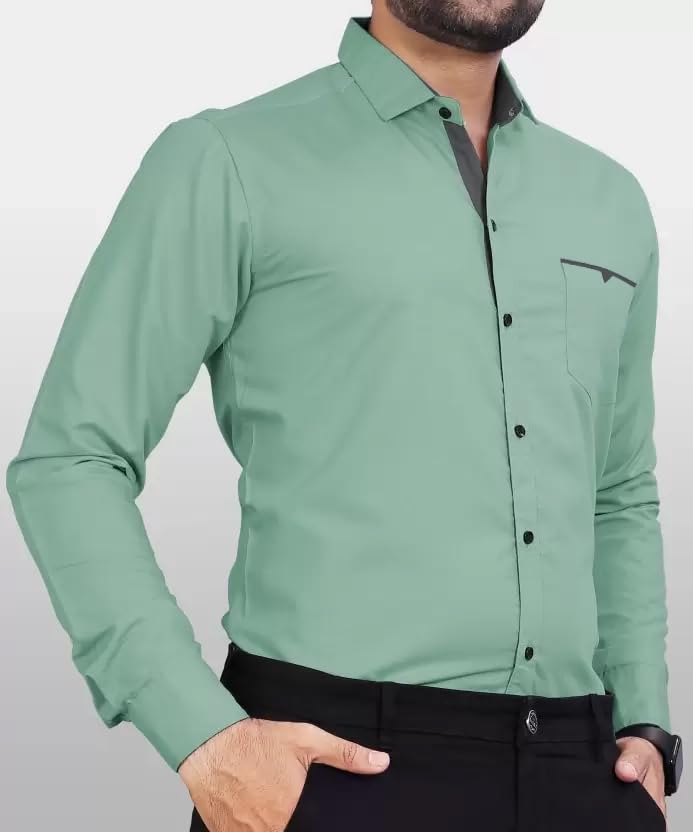 CB-COLEBROOK Men Regular Fit Solid Spread Collar Casual Shirt (Large, Pistachio)