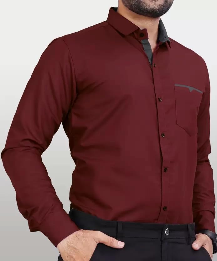 CB-COLEBROOK Men Regular Fit Solid Spread Collar Casual Shirt (Large, Berry Maroon)